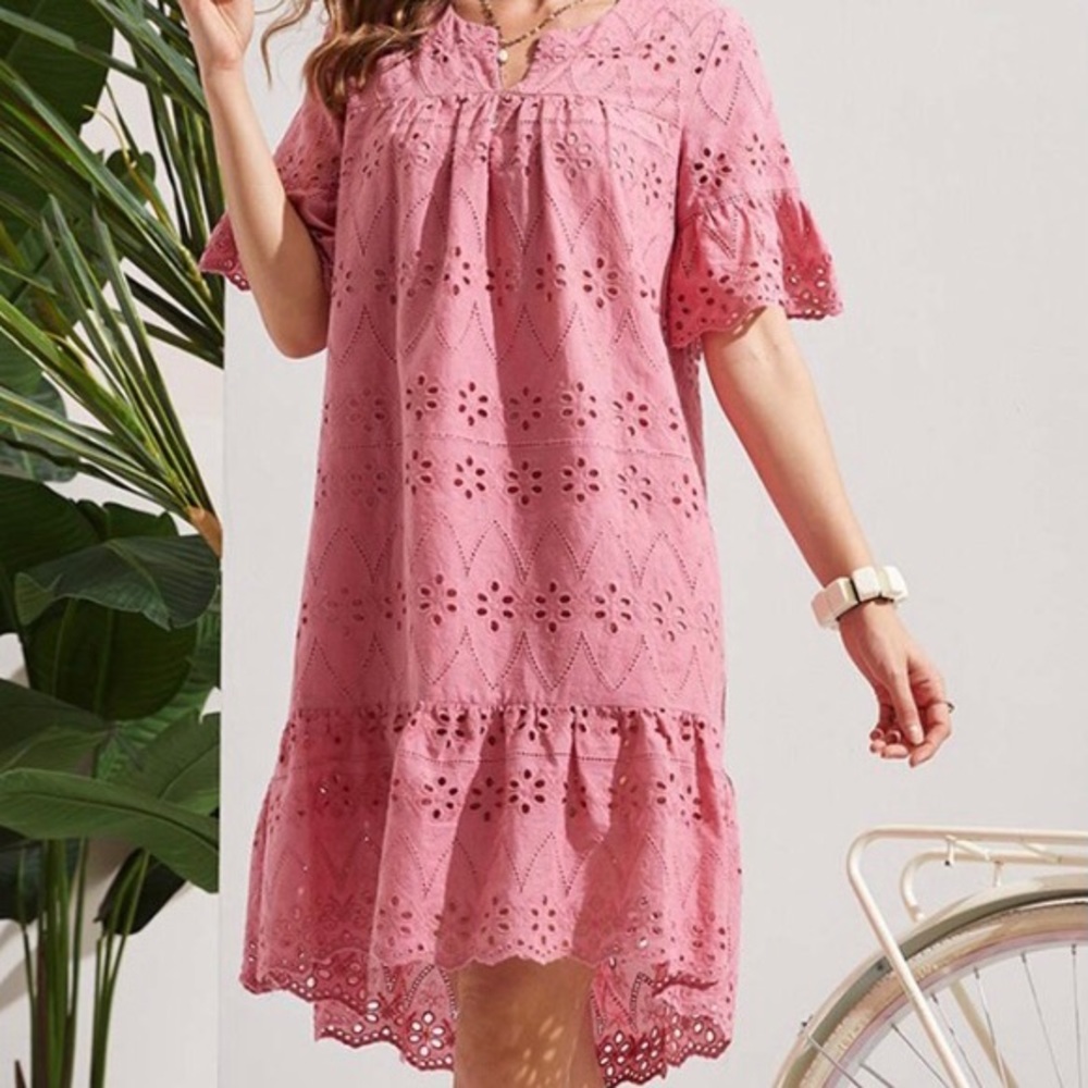 Bell sleeve eyelet dress in dusty pink